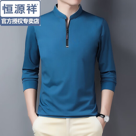 Hengyuanxiang T-shirt men's spring and autumn middle-aged sleeve tops men's 40-50 years old zipper stand collar bottoming shirt middle-aged ice silk T-shirt 6623 Royal Blue XL 175