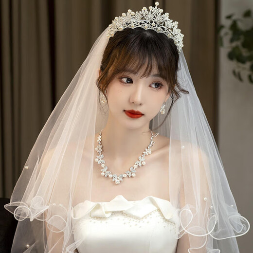 缔晶皇冠头饰头纱求婚领证新娘结婚韩系森系水晶王冠婚纱发饰女成人 法式皇冠【银色】+头纱（60-80cm