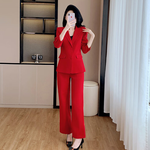 Purple charming formal women's suit spring, autumn and winter long-sleeved professional attire, workplace wear, commuting, high-end sense, business formal suit jacket, red (suit + straight trousers) L (recommended 100-110 Jin Jin equals 0.5 kg)