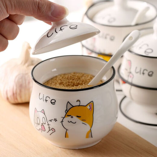 Fuluqi ceramic seasoning jar kitchen supplies seasoning box household salt condiment seasoning jar combination set spoon holder single seasoning jar pure white spoonless cute cat