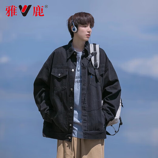 Yalu denim jacket men's spring and autumn ins trendy Hong Kong style retro loose denim jacket clothes winter thickened tops blue XL recommended weight 120-140Jin Jin equals 0.5 kg