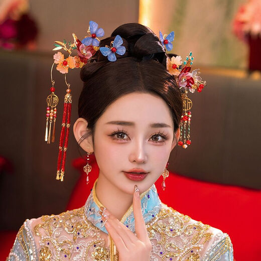 Lingchuan new bride Xiuhe headdress flower tassel butterfly high-end hairpin Xiuhe suit wedding Chinese dragon and phoenix jewelry headdress set ear clip