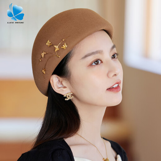Lanshimengdai 2024 Autumn and Winter Warm Wool Wool Butterfly Beret Elegant Retro Painter Hat Western Fashion Curly Beret Elegant * Khaki (High Quality - 100% Wool) One Size for Adults (Hidden Adjustment 56-57.5cm)
