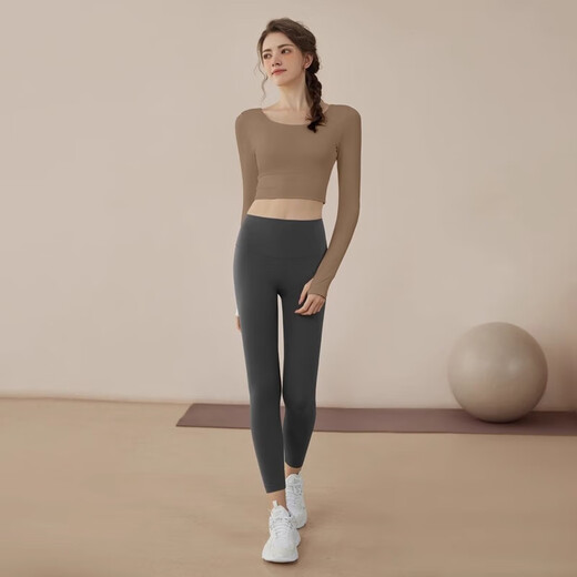 Youyou yoga clothes for women 2025 new spring and summer suit fitness clothes Pilates long-sleeved tops with chest pads 34002 Twilight coffee + gray yoga pants S (recommended weight 85-100 Jin Jin equals 0.5 kg)
