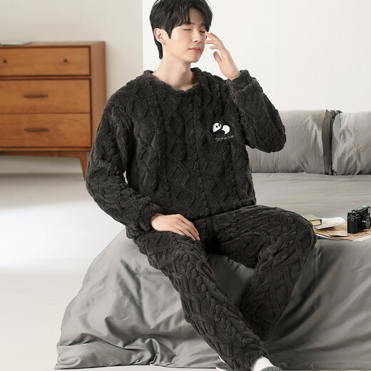 Langsha pajamas men's winter pullover plus velvet thickened coral velvet outer wear home clothes two-piece set men's warm velvet suit