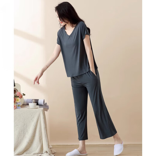 Modal Pajamas Summer Summer Pantalones de manga corta para mujeres delgadas 2025 Conjunto de ropa casera nueva con almohadillas en el pecho para ropa exterior YM841 Negro (con almohadillas en el pecho) M