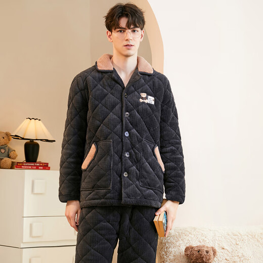 Fenton Couple Pajamas Bear Tribe IP Autumn and Winter Lapel Long Sleeve Padded and Velvet Home Clothing Set Carbon Gray-Men's L