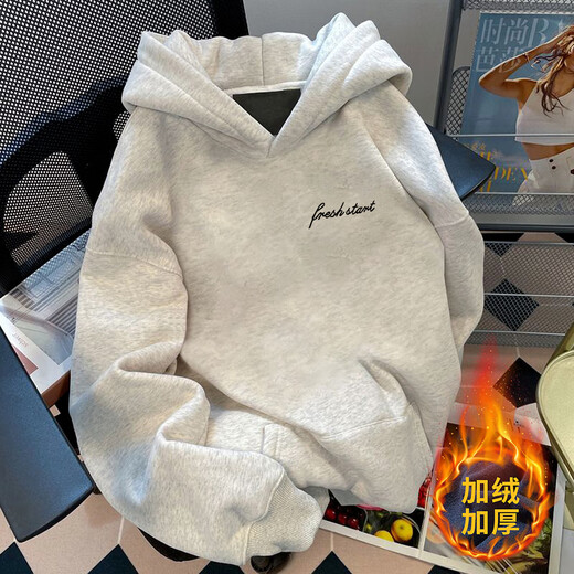 Katuchi American hiphop trendy brand letter hooded sweatshirt for men and women in autumn and winter loose trendy velvet thickened tops jacket white gray-velvet L