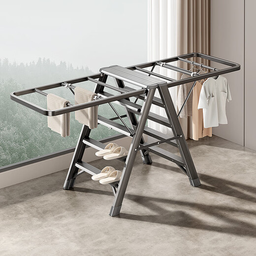 Tiandiyu (TDYU) folding clothes drying rack balcony household ladder floor-standing indoor dual-purpose thickening multi-functional quilt drying artifact about 1.8 meters + 5 step ladder gun ash clothes drying rack