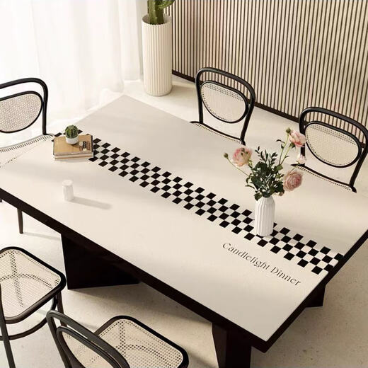 Xinlin light luxury dining table mat, simple modern coffee table tablecloth, no-wash, oil-proof, waterproof, anti-scalding, PVC insulated table mat, high-end feel, small black and white strips, wipe clean 70X130CM, protect the desktop