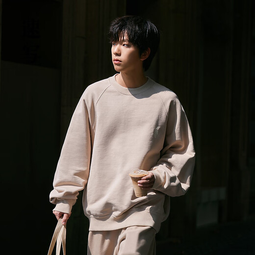 速写男装春秋新款卫衣男简约刺绣套头运动宽松圆领休闲上衣 273纸卡其 L