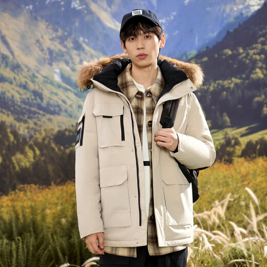 Yalu down jacket men's thickened 2023 new workwear parka large fur collar couple oatmeal color winter coat YZX Twilight City [men's raccoon fur collar] 175/L (recommended 130-150Jin [Jin equals 0.5 kg])