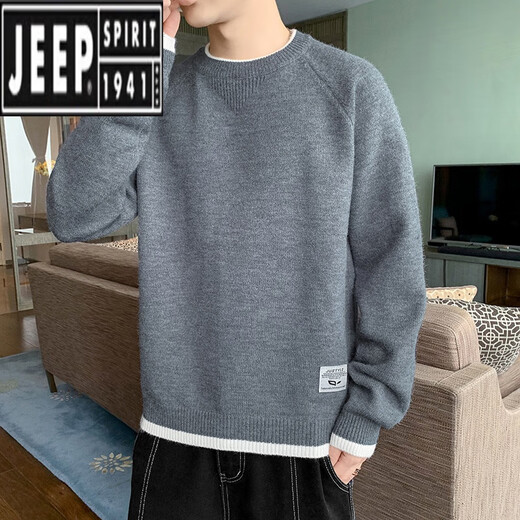 吉普（JEEP）毛衣男款2024春秋季潮牌上衣服圆领套头针织衫秋冬装日系复古外套 K16837黑色 加绒 M