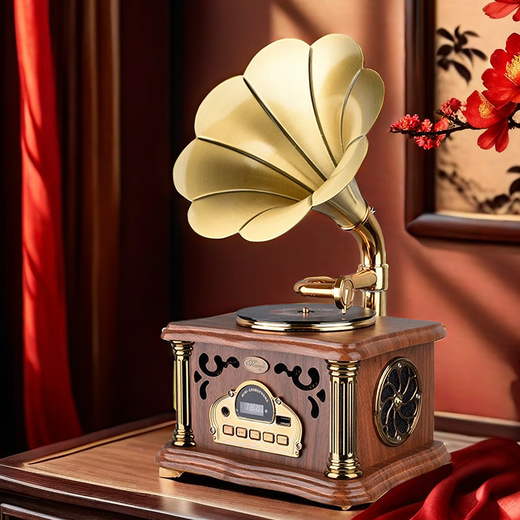 Jinmo Retro Mini Gramophone Large Speaker Bluetooth Small Audio Antique Speaker Multi-Functional Creative Gift Ornament Brown Charging Plug-in Dual-Purpose - Rotating Turntable to Send Music U Disk