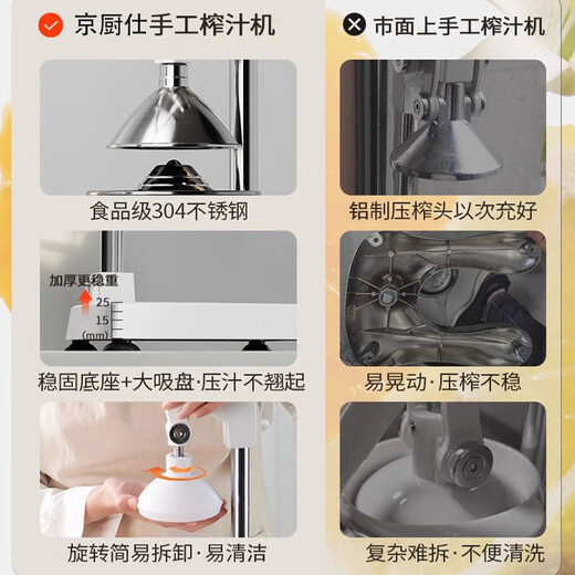 Jingchushi manual juicer stall commercial squeezer orange juice special squeezer hand-pressed fresh squeeze artifact handmade orange flat mold heightened version 304 stainless steel white