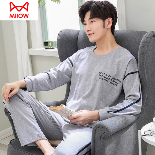 猫人（MiiOW）睡衣男春秋季纯棉长袖青少年学生全棉大码休闲夏季薄款家居服套装 Q6625网球黑 男款XL【135-155斤】