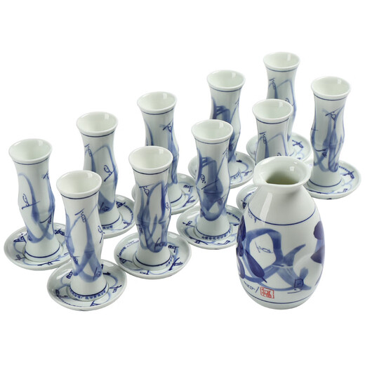 Sailoto LXH Xinghuacun Fenjiu wine cup bamboo cup set Gujing tribute wine blue and white ceramic white wine cup points liter bamboo cup 10 cups 10 dishes 1 pot