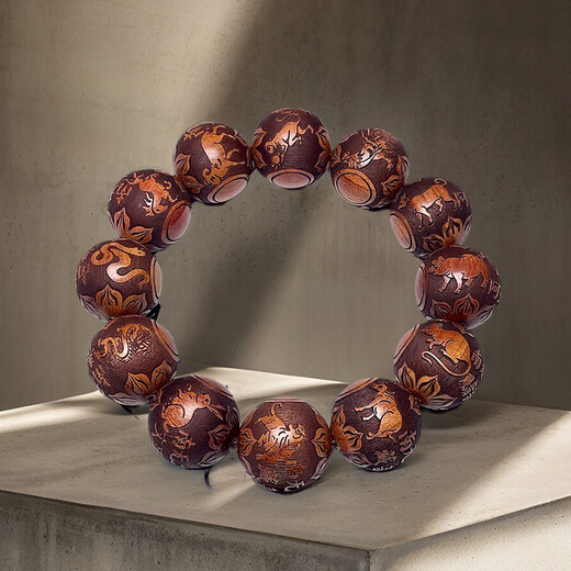 Ji Fangyuan large-leaf huanghuali exquisitely carved twelve zodiac signs, perfect ethnic style Buddhist beads bracelet, cultural toy bracelet for men and women, twelve zodiac signs 20mm, perfect style, gift plate toy bag