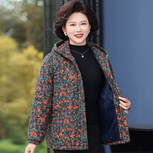 Yu Zhaolin (YUZHAOLIN) Yu Zhaolin mother's outfit cotton plus velvet cotton coat hooded middle-aged and elderly women's clothing autumn and winter loose grandma floral cotton blue 3XL recommended 145-160Jin Jin equals 0.5 kg