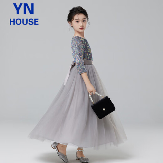 Yinuofang Girls Dress Long Skirt Children Flower Girl Girl Performance Clothes Gray Gauze Long Skirt 170cm
