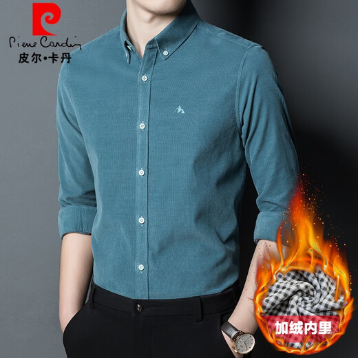 Pierre Cardin pure cotton long-sleeved shirt men's high-end 2025 new spring and autumn shirt men's casual corduroy brushed plus velvet shirt green plus velvet XL 140-155Jin Jin equals 0.5 kg