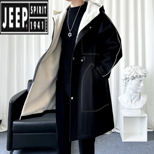 JEEP velvet thickened lamb velvet coat men's autumn and winter handsome hooded windbreaker coat mid-length jacket black velvet M