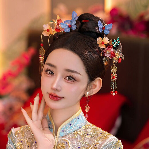 Lingchuan new bride Xiuhe headdress flower tassel butterfly high-end hairpin Xiuhe suit wedding Chinese dragon and phoenix jewelry headdress set ear clip