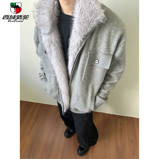 Western Camel (VANCAMEL) high-end American retro fur collar mountain carving knitted jacket men's winter velvet warm cotton cleanfit jacket gray upgraded model 2XL (suitable) 145-160Jin Jin is equal to 0.5 kg