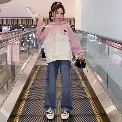 Girls sweatshirt spring 2025 new style children's bottoming shirt gradient medium and large children's spring and autumn Korean style hooded top XF-3451 Purple Spring and Autumn 160cm