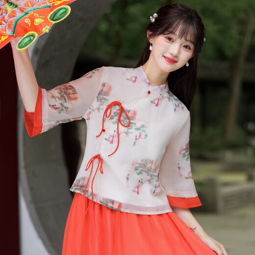 Yaoni Cheongsam Hanfu Rendimiento diario para mujeres Sección delgada 2025 Nuevo estilo chino Estilo nacional Conjunto de dos piezas con estampado de gasa literaria 9764 Lady Picture S (Peso recomendado 80-90 Jin Jin es igual a 0,5 kg)