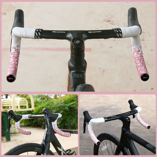 GUBPMTSHIM road handlebar strap mummy NPY Sakura curved handlebar non-slip shock absorption comfortable strap wear-resistant bicycle handlebar strap black bottom-white flower (boxed/+electrical tape/2 roll price