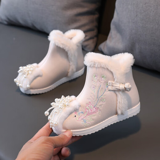 Ruiyang Winterschuhe, Kinder-Hanfu-Schuhe, Samt-Baumwollschuhe, bestickte Mädchenschuhe im Ethno-Stil, Neujahrsschuhe im antiken Stil, kurze Babystiefel, A5213 rosa, Größe 31/Innenlänge 19,0 cm
