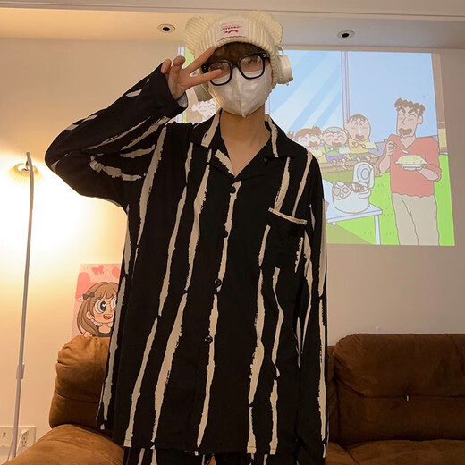 Bo Na Ling couple's pajamas for one man and one woman, summer and autumn cardigan, long-sleeved trousers, casual lapels, winter wearable home clothes set, wavy pattern couple's pajamas, black men's XL