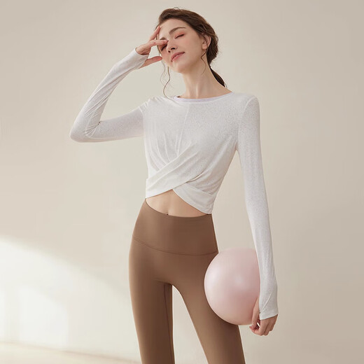 LULU CENTURY yoga clothing set for women, fashionable Pilates training clothing, fitness running sports, quick-drying breathable long-sleeved tops for women, white tops M