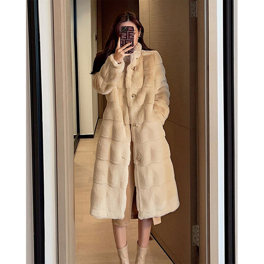 Gu Bing Fur Coat Women's Winter Eco-Friendly Fur Mink Coat Mid-Length Slim Plush Top Thickened Apricot S