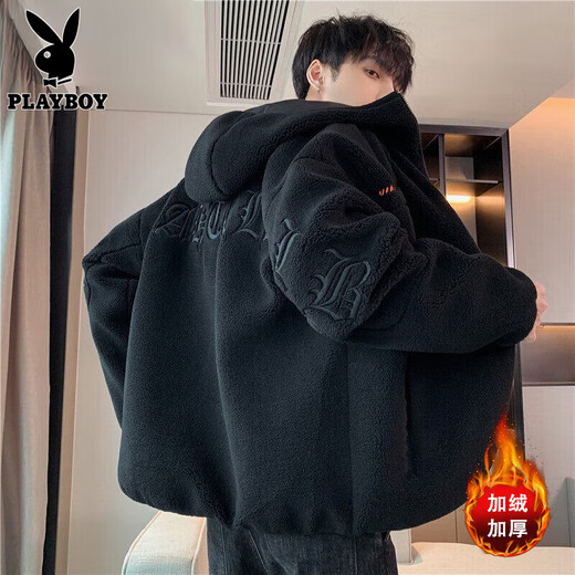 Playboy (PLAYBOY) velvet jacket men's lamb velvet cotton coat men's cotton coat autumn and winter fleece jacket coat top clothes large size black velvet thickened XL