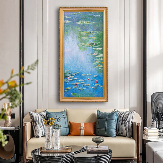 帝旗 世界名画莫奈 睡莲 纯手绘油画入户玄关装饰画走廊过道挂画竖版 692金实木框 60X120