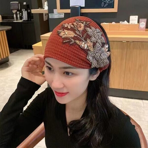 Scarf, hair accessories, woolen knitted headband, wide-brimmed autumn and winter warm headscarf for women, ear protection, headband to cover gray hair, rose-khaki color