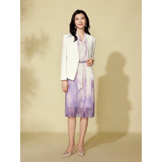 粉蓝衣橱【紫霞绮梦】2025夏装东方感飘带印花短袖连衣裙女552L689 云雾紫 S