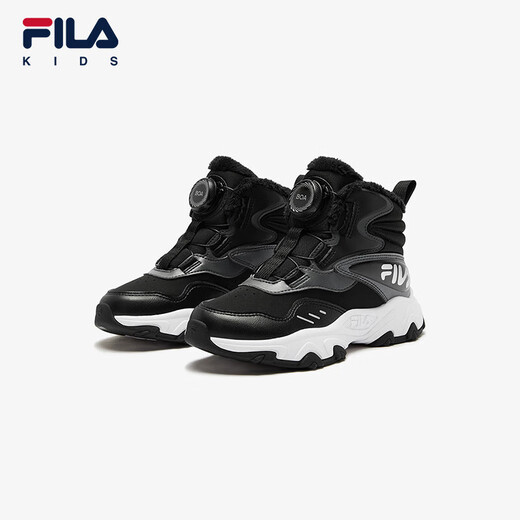 Fila Fila children's cotton boots 2024 winter non-slip plus velvet warm outdoor cotton boots for boys and girls, black/shadow black gray-BD size 31, inner length 19.5cm