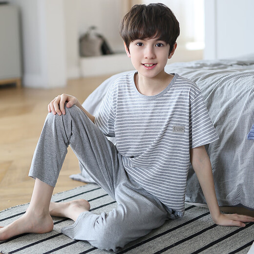 MANNIDO MEN MEN'S BIG KINDER KINDER FRING UND AUTUMN PURE COUTWOME Kurzärärmische Hosen Pyjamas Set Dünn Cartoon Teenager können außerhalb N9902 getragen werden