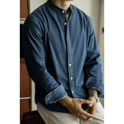 UBV American Retro Henry Collar Denim Shirt Men's 2024 Autumn New Casual Commuting Casual Jacket Shirt Blue XL