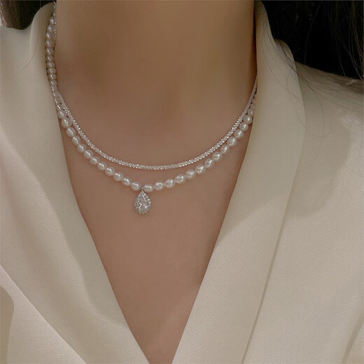 JALLOO Freshwater Pearl Necklace Young Women's Pendant High-end Light Luxury Niche Clavicle Chain Birthday Gift for Girlfriend Stacked Water Drop Pendant Freshwater Pearl Necklace-Certificate