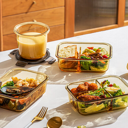
Van Gogh glass lunch box microwave oven, borosilicate heat-resistant sealed refrigerator and fresh-keeping box, office workers' heating and separation lunch box, two round boxes, 1050ml (chop spoon + bag)