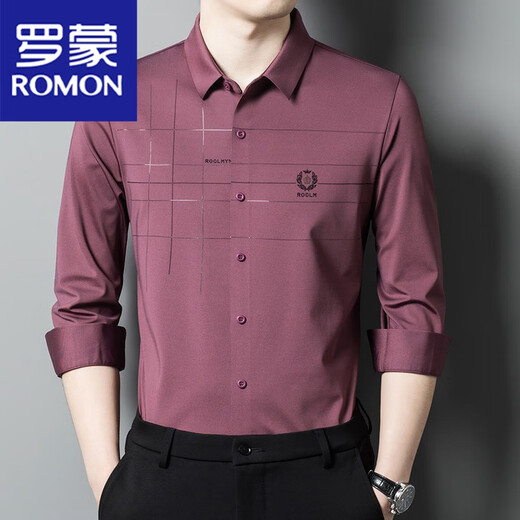 罗蒙（ROMON）高贵女儿结婚礼服爸爸装长袖衬衫中年喜公公婚宴装秋装免烫衬衣男 C6625红色 175/XL