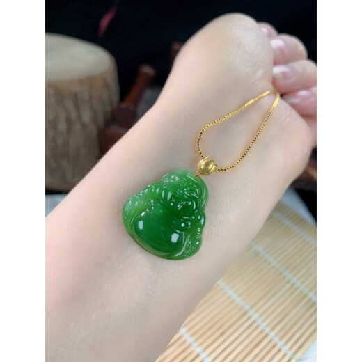 Fat Donglai same style 18K gold Ping An Wu Shi brand Hetian jade jasper Yang green pendant 18k gold inlaid jade pendant lock 18K gold apple green Ruyi 34-24-5mm + silver necklace