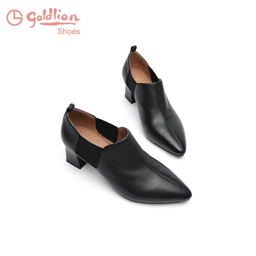 Goldlion Women's Shoes Cowhide Mid-Heel Ankle Boots Commuting High Heels Pointed Toe Thick Heels Deep Mouth Single Shoes Women G661340089 Black 36