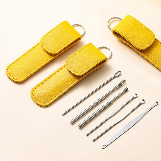 Han Meichen ear scoop six-piece set of ear picking tools stainless steel ear scoop leather bag cleaner home portable yellow light ear pick ear scoop 6 pieces set*