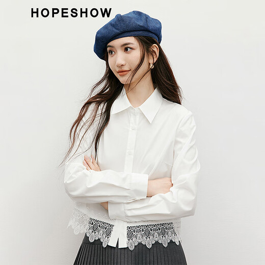 Red sleeve sweet lace splicing shirt 2025 spring new women's temperament lapel versatile slim short white top original white 001 (pre-sale 4.13) M