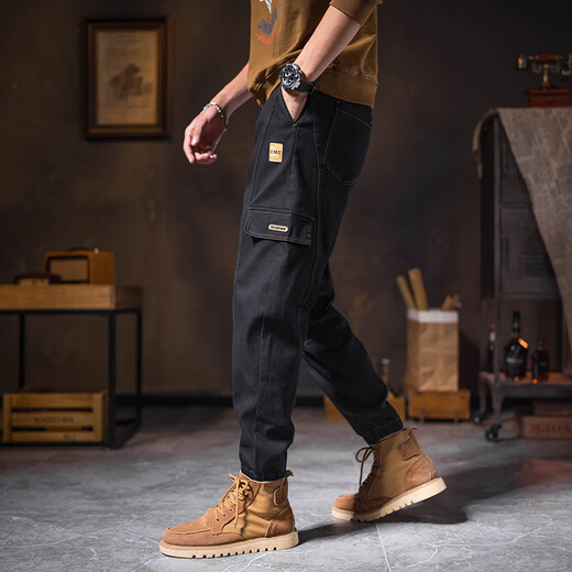 nasawassup潮牌美式复古工装裤男春秋新款宽松束脚裤子男哈伦运动休闲长裤 黑色749-SDP 常规 2XL 【建议130-150斤】